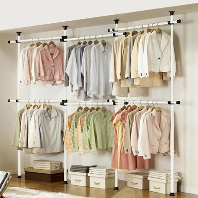 House of Home Triple Telescopic Wardrobe Organiser White Hanging Rail Clothes Rack Adjustable Storage Shelving