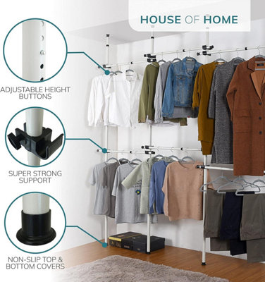 House of Home Triple Telescopic Wardrobe Organiser White Hanging Rail Clothes Rack Adjustable Storage Shelving - 6