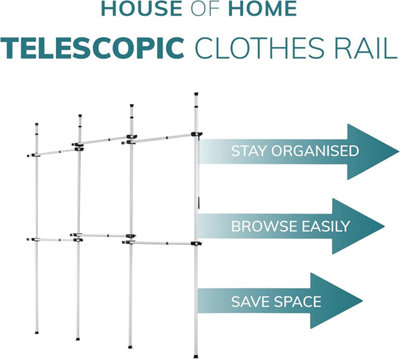 House of Home Triple Telescopic Wardrobe Organiser White Hanging Rail Clothes Rack Adjustable Storage Shelving - 7