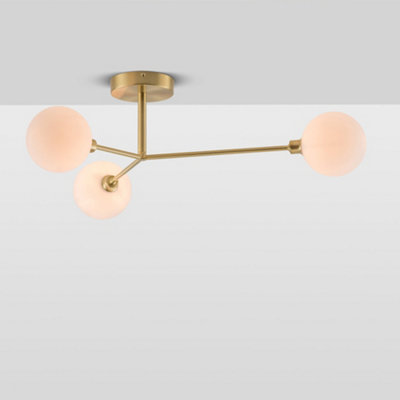 houseof Brass 3 Light Frosted Glass Orb Straight Arm Flush Ceiling Light - Gold