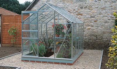 A completed greenhouse with an open door. Greenhouse has a variety of different plants growing inside.