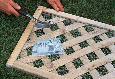 Using a hammer and wood staples to attach wire mesh securely to a timber lattice panel.