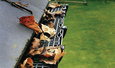 A plastic grid installed on top of a gutter which is preventing leaves entering the gutter.