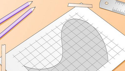 An illustration of a piece of graph paper with a square grid, featuring a curved shape drawn on it to help calculate the amount of concrete needed.