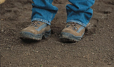Person wearing walking boots walking on their heels to compress soil down.