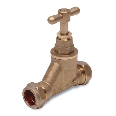 Straight brass stop valve with a handle.
