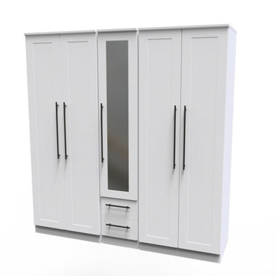 Howard Tall 5 Door 2 Drawer 1 Mirror Wardrobe in White Ash (Ready Assembled)