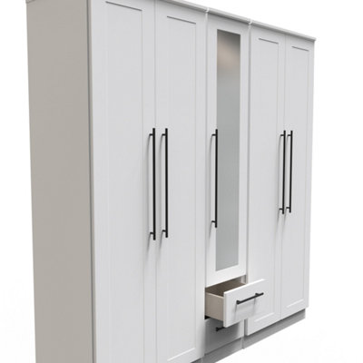 Howard Tall 5 Door 2 Drawer 1 Mirror Wardrobe in White Ash (Ready Assembled)