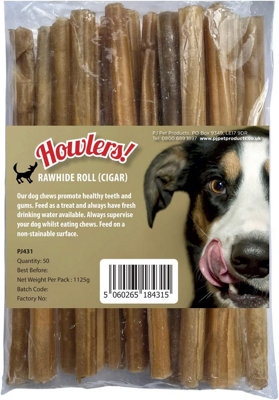HOWLERS Natural Rawhide Dog Chews Treats Cigar 12 cm Pack of 50