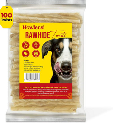 Howlers Natural Rawhide Dog Chews Treats Twists 13cm Pack of 100
