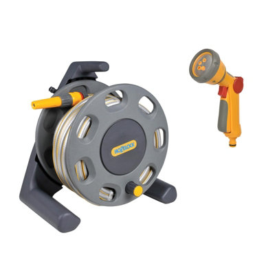 Hozelock 2412 Compact Reel 25m Garden Hose Reel Fittings Jet + 5 Spray Gun 2679