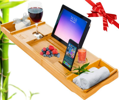 Natural - Luxury Bamboo Bathtub Caddy Tray with Wine Glass Holder outlet iPad Stand