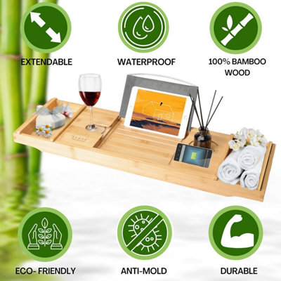 Natural - Luxury Bamboo Bathtub Caddy Tray with Wine Glass Holder outlet iPad Stand