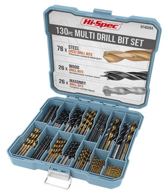 HSS Drill Bit Set for Metal, Wood, Plastic With Case 1-10mm Bits 130 Pcs Hi-Spec