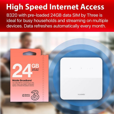 Huawei B320 with Pre-Loaded 24GB Three Data SIM 4G/CAT 4 LTE Low Cost Mobile Wi-Fi Router