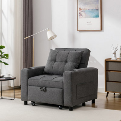 Hudson 1 Seater Sofa Bed Linen Fabric With Cup Holders Grey