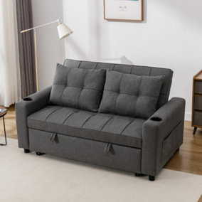 Hudson 2-Seater Sofa Bed Linen Fabric With Cup Holders Grey