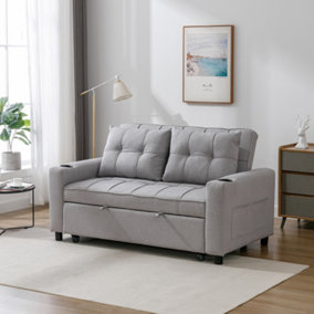 Hudson 2-Seater Sofa Bed Linen Fabric With Cup Holders Light Grey