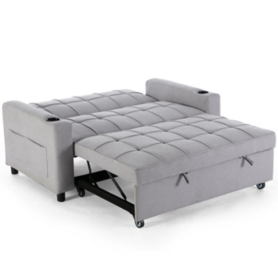 Hudson 2-Seater Sofa Bed Linen Fabric With Cup Holders Light Grey