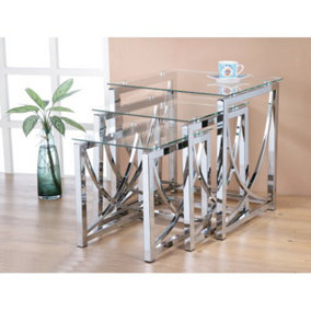 Hudson Clear Glass Nest of Coffee Tables Modern Nesting Table Set Side Table