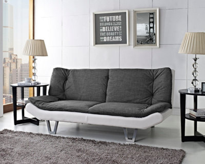 Hudson Fabric Sofa bed 3 Seater Sofabed Clic Clac Pillow Topper Duo  Contrast Charcoal Fabric White Faux Leather Hairpin Metal Legs