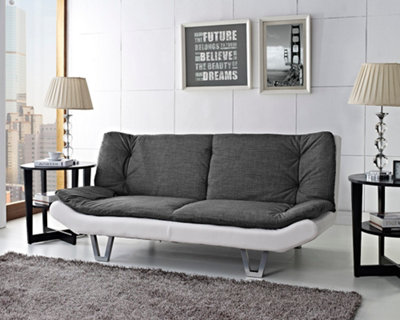 Hudson Fabric Sofa bed 3 Seater Sofabed Clic Clac Pillow Topper Duo Contrast Charcoal Fabric White Faux Leather Hairpin Metal Legs