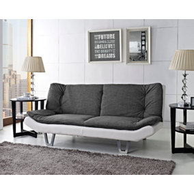 Hudson Fabric Sofa bed 3 Seater Sofabed Clic Clac Pillow Topper Duo Contrast Charcoal Fabric White Faux Leather Hairpin Metal Legs