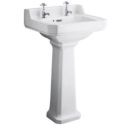 Hudson Reed Richmond 500 x 350 mm White Vitreous China Basin & Pedestal, 2 Taphole, Gloss, Traditional