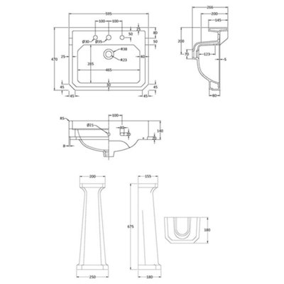 Hudson Reed Richmond 595x450mm Pedestal Basin, White Gloss, 3 Tap Holes