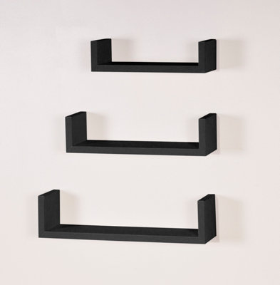 Hudson set of 3 floating "U" shape wall shelf kit - matt black