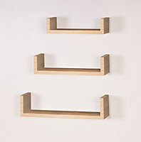Hudson set of 3 floating "U" shape wall shelf kit - oak