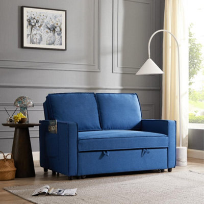 Hugo 2 Seater Sofa Bed Pull Out Linen Fabric, Blue