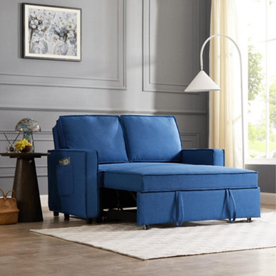 Hugo 2 Seater Sofa Bed Pull Out Linen Fabric, Blue