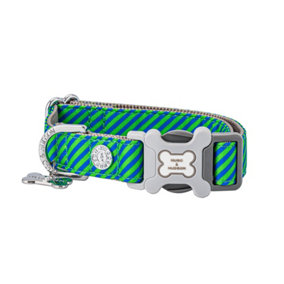 Hugo & Hudson Fabric Nylon Pet Dog Collar - Navy and Green Diagonal Stripe - L