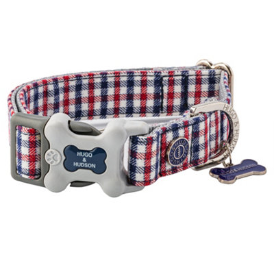 Hugo & Hudson Fabric Nylon Pet Dog Collar Navy and Red Checked L