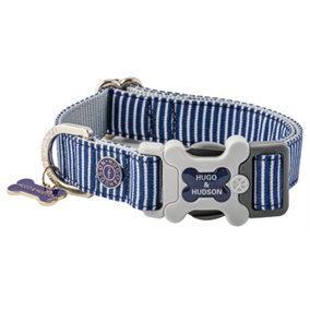 Hugo & Hudson Fabric Nylon Pet Dog Collar - Navy Stripe - L