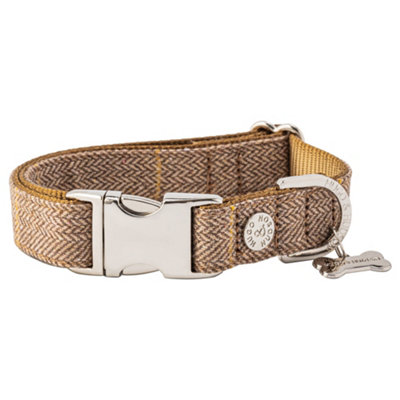 Hugo & Hudson Tweed Pet Dog Collar with Metal Buckle Caramel Checked