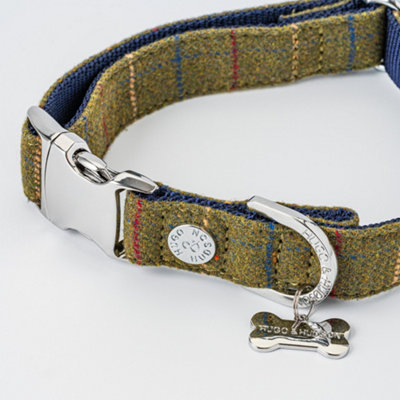 Hugo & Hudson Tweed Pet Dog Collar with Metal Buckle - Dark Green Checked - L