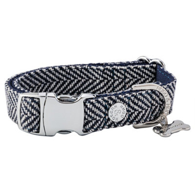 Hugo & Hudson Tweed Pet Dog Collar with Metal Buckle Navy Herringbone