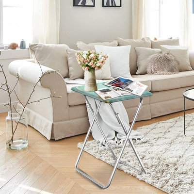Huhote Compact Folding Snack Table with Blue Marble Finish for Small Spaces