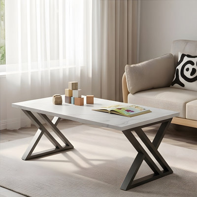 Huhote Modern Open Design Rectangular Coffee Table Black Metal Frame 39 ...