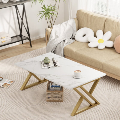 Huhote Modern Open Design Rectangular Coffee Table with Gold Metal ...