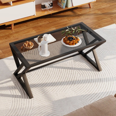 Huhote Modern Open Design Rectangular Grey Glass Coffee Table Black ...