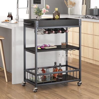 Huhote Sleek 3 Tier Bar Cart with Wine Rack and Wheels for Dining ...
