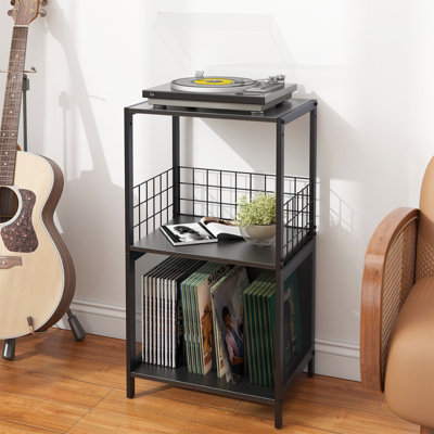 Huhote Three Tier Black Vinyl Record Storage Side Table and Turntable ...