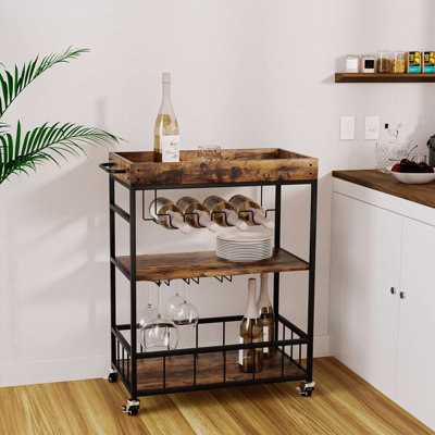 Huhote Three Tier Brown Rolling Bar Cart With Wine Rack Handle and ...