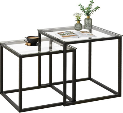 Huhote Two Piece Nesting Side Tables With Black Metal Frame and Glass ...