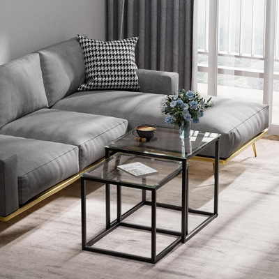 Huhote Two Piece Nesting Side Tables With Black Metal Frame and Glass ...