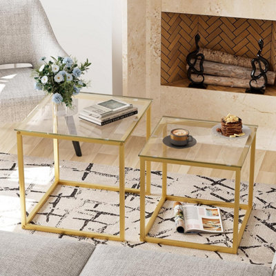 Huhote Two Piece Nesting Side Tables With Gold Metal Frame and Glass ...