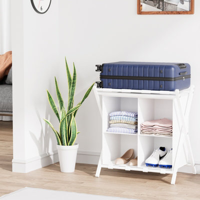 Huhote White Two Tier Metal Folding Luggage Rack With Storage and shoe ...